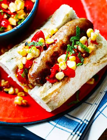 Sausages with spicy charred corn salsa