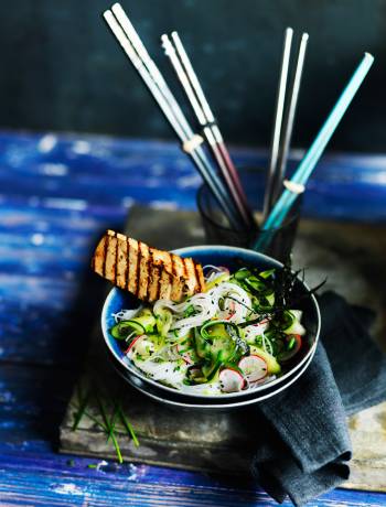 ‘Quick pickled’ rice noodle salad with soy-glazed griddled tofu