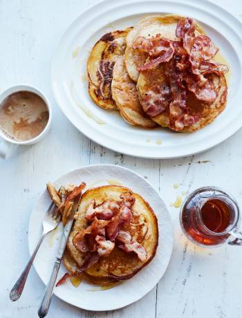 Buttermilk pancakes with cinnamon and crispy bacon  
