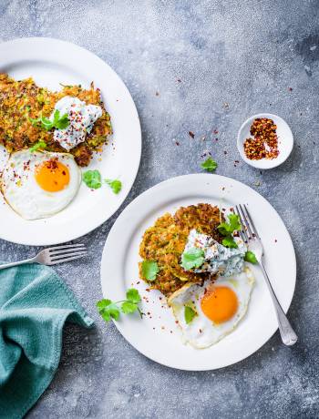 Curried halloumi fritters, raita and fried egg