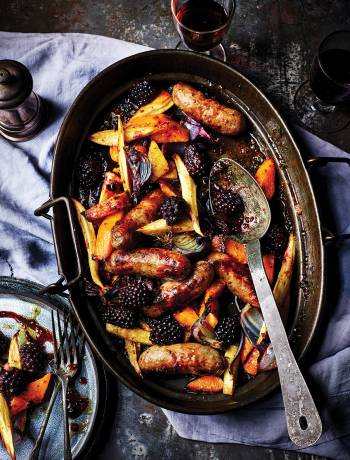 Sausage, sage and blackberry traybake