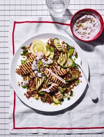 Griddled chicken and courgettes with pistachio yogurt dressing