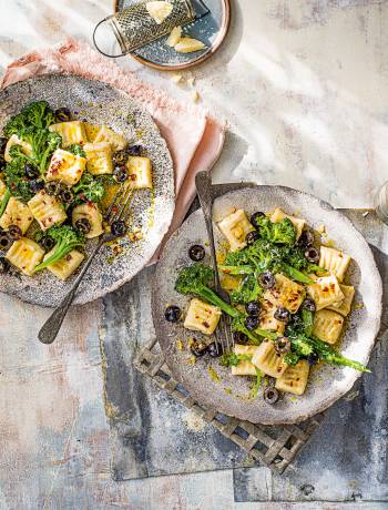 Potato and ricotta gnocchi with purple sprouting broccoli