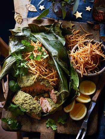 Coconut and coriander salmon with crispy straw potatoes
