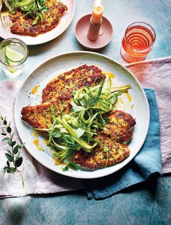 Sesame chicken Milanese with shaved asparagus salad