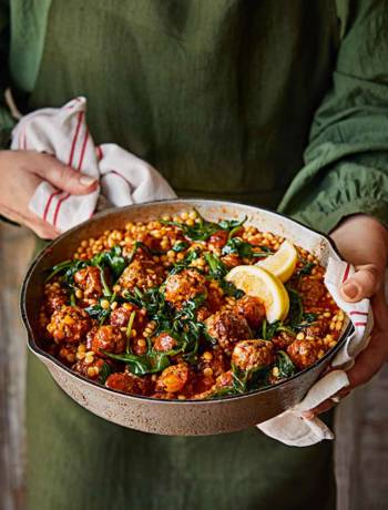 Aromatic lamb meatball and giant couscous stew