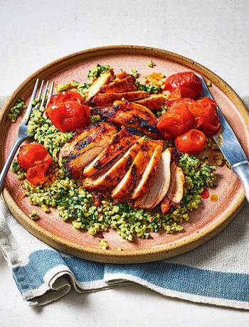 Harissa chicken thighs and herby bulgur