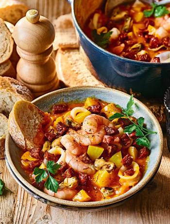 Chorizo and saffron seafood stew