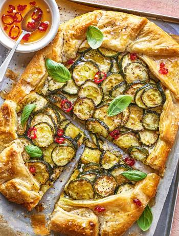 Courgette and basil galette with chilli honey