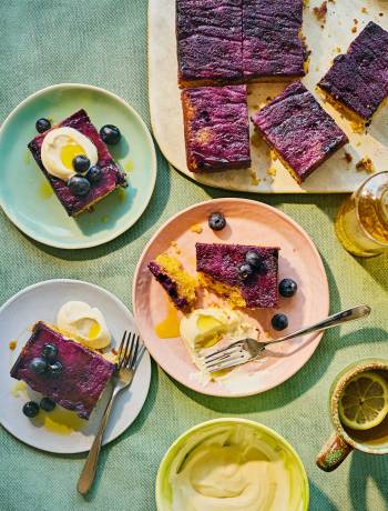 Blueberry, polenta and rapeseed oil upside-down cake