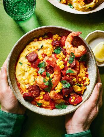 Grilled corn polenta with chorizo and prawns