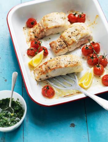 Hake with tomatoes and cucumber salsa verde