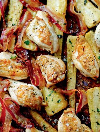Chicken, pancetta and maple syrup traybake