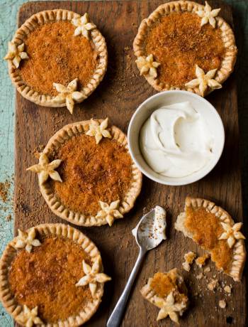Pumpkin custard tartlets with blue cheese Chantilly