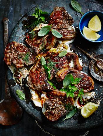 Zaatar lamb chops with salted yogurt, sweet herbs and pomegranate molasses