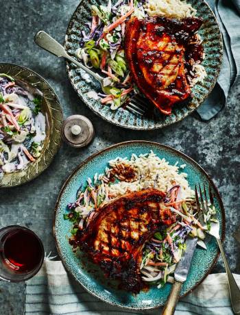 Coffee and chipotle pork chops with slaw