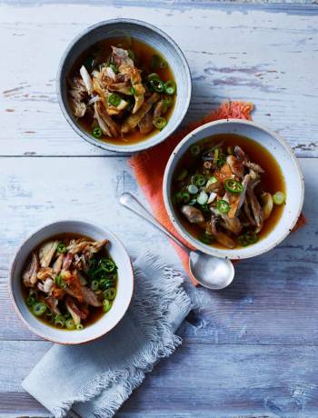 Pulled chicken and shiitake mushroom broth