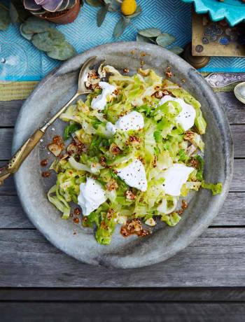 Spring greens with garlic, chilli and yogurt