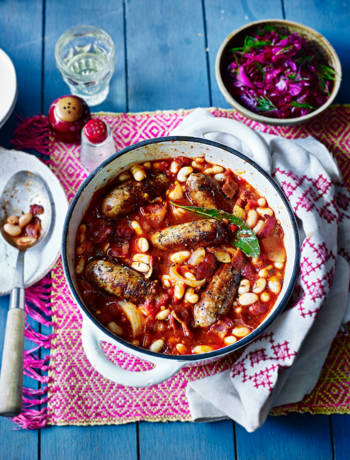 Polish sausage and beans with quick pickled cabbage