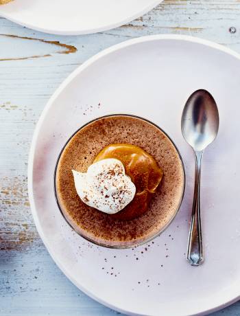 Chocolate orange pots with caramel sauce