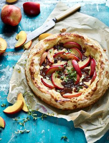 Nectarine, goats' cheese and caramelised onion galette