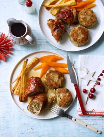 Turkey & stuffing roulades with sprout and chestnut potato cakes