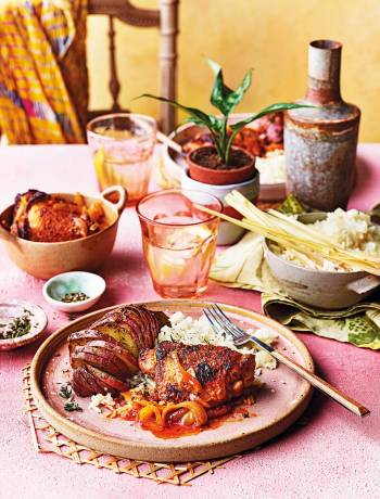 Chicken yassa with hasselback sweet potato