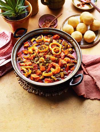 Seafood okra soup and semo