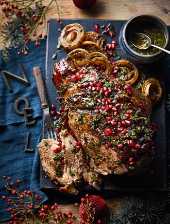 Spiced pomegranate and clementine slow-roast lamb leg