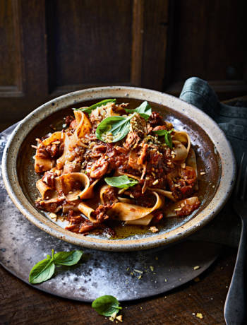 Braised jackfruit and walnut ragu with pappardelle and 'Parmesan' crumb