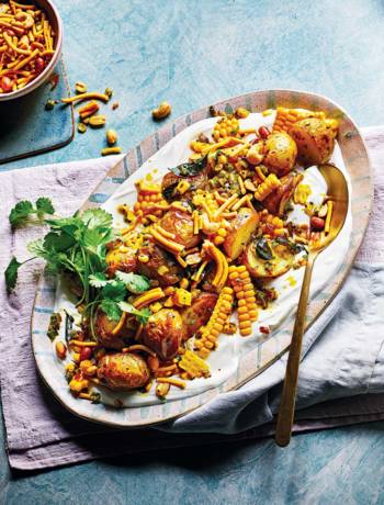 Roast jersey royals and curry leaf sweetcorn with ginger yogurt