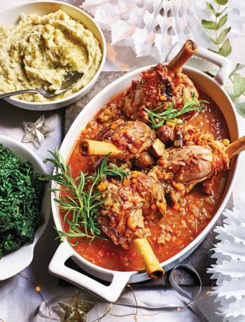 Port and chestnut braised lamb shanks with parsnip and stilton purée