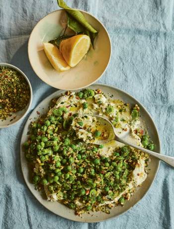 Fresh peas and broad beans with ricotta, almonds and lemon
