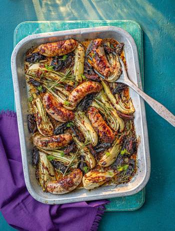 Sticky sausage, date and mustard traybake