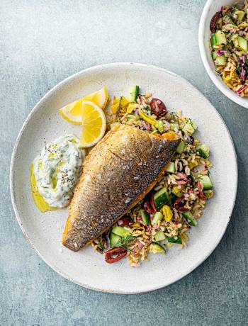 Sea bass with brown rice salad tzatziki 