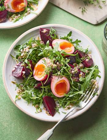 Pink pickled egg and beetroot salad