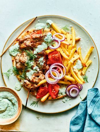 Minted pork souvlaki with herby yogurt