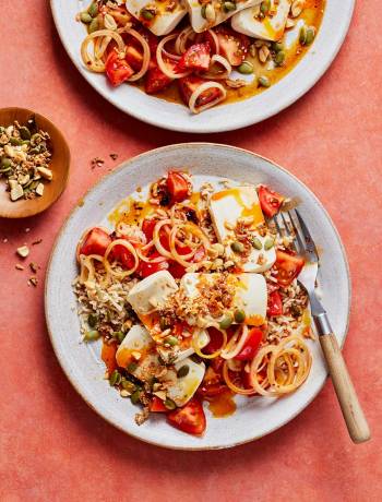 Silken tofu with spicy tomatoes and peanut crunch