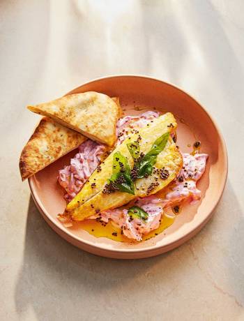 Sea bass with beetroot raita