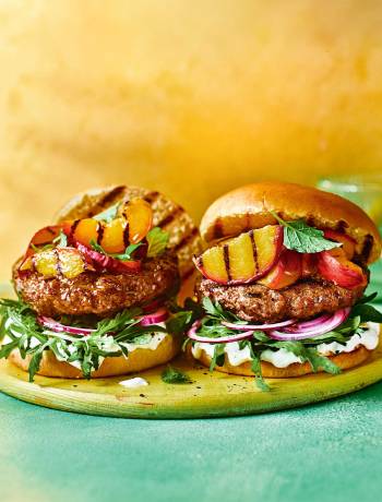 Balsamic beef burgers with whipped feta and charred peaches