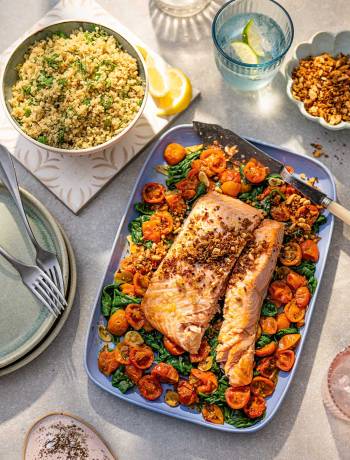 Roast salmon with tomatoes and almond pangrattato