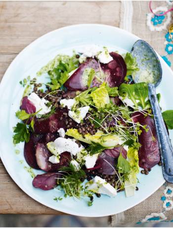 Puy lentil, goats’ cheese and beetroot salad