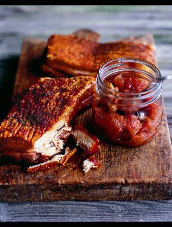 Roast pork belly with apple, sour cherry and fennel chutney 