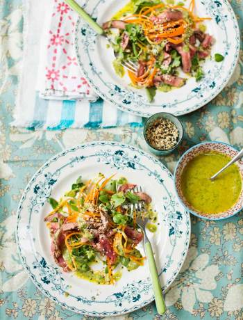 Seared beef salad with carrot noodles and tahini dressing