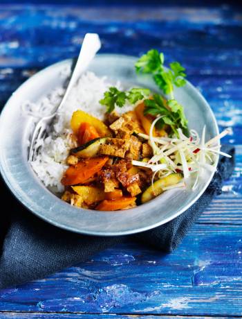 Korean-style stew with marinated tofu pieces