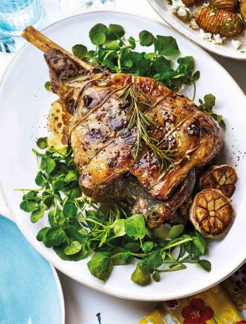 Slow-roast lamb leg with watercress, anchovy and capers 