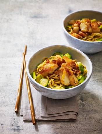 Teriyaki cod and Brussels sprout noodles