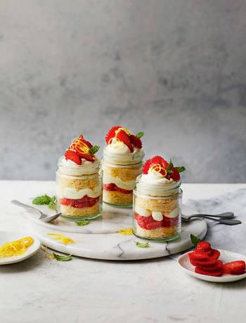 Strawberry jam jar trifles