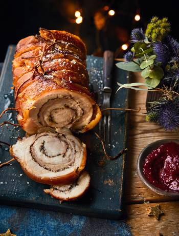 Japanese seven-spice pork belly with cranberry and orange ketchup