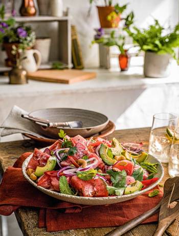 Watermelon and avocado salad with samburu dressing